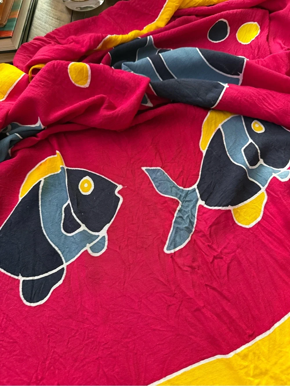 Vibrant Yellow, Pink & Navy Lightweight Patterned Scarf with Fish
